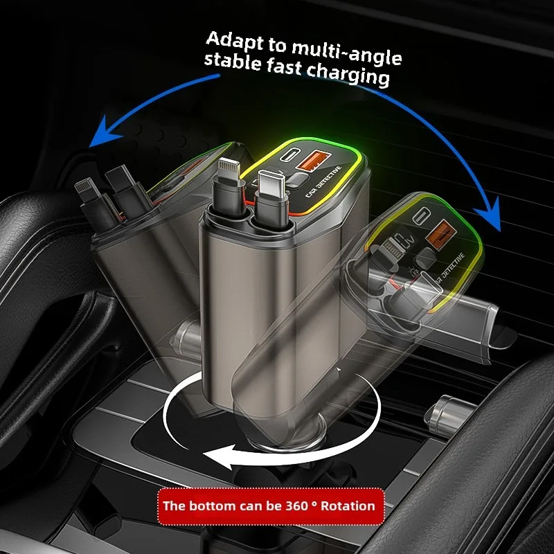 Factory direct retractable car charger fast charging 4 in 1 12V 24V digital display 120W QC3.0 super fast charging