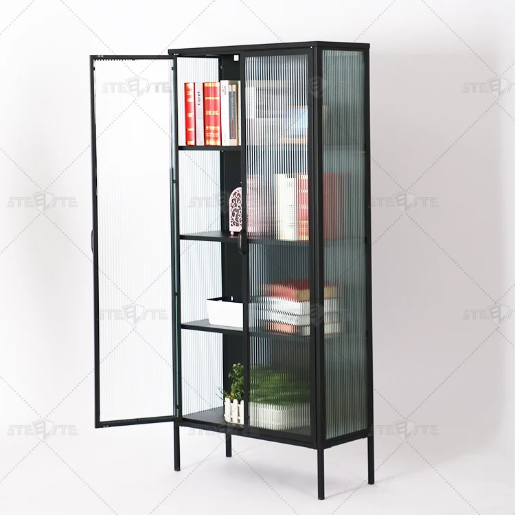 Wholesale metal glass cabinet household furniture 2 door wave glass book storage cabinet glass wine display cabinet