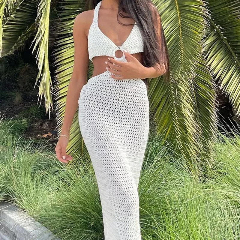 Women Summer Female Swimwear Crochet Cut Out Cover Up Beach Halter Sheer Backless Maxi Elegant Knit Bodycon Sexy Long Dresses