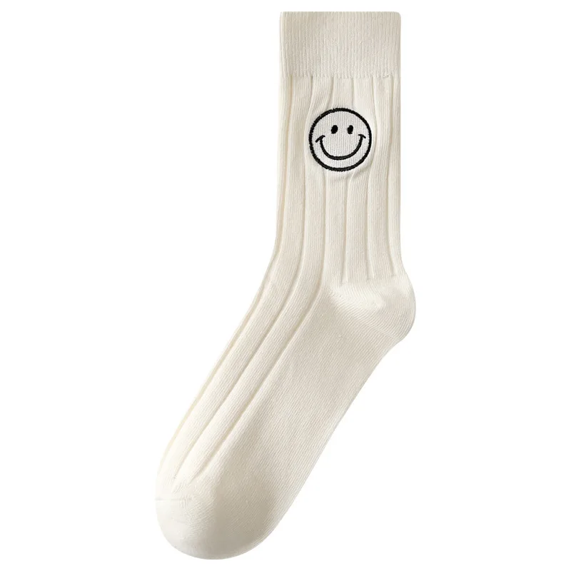 Korea Fashion Solid Color Embroidery Smile Face Adults Sports Cozy Cotton Women Socks