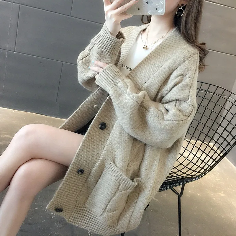 Autumn winter new lazy style cardigan V-neck mid-length twist pattern sweater loose striped knitted sweater cardigan for women