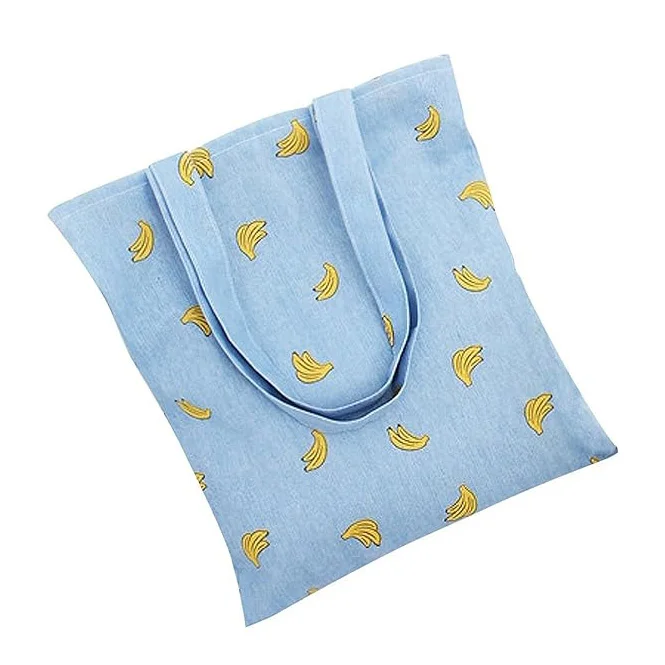 Eco Friendly Beach Women Banana Print Blue Canvas Plain Durable Cotton Tote Bag Fashion Custom Tote Bag