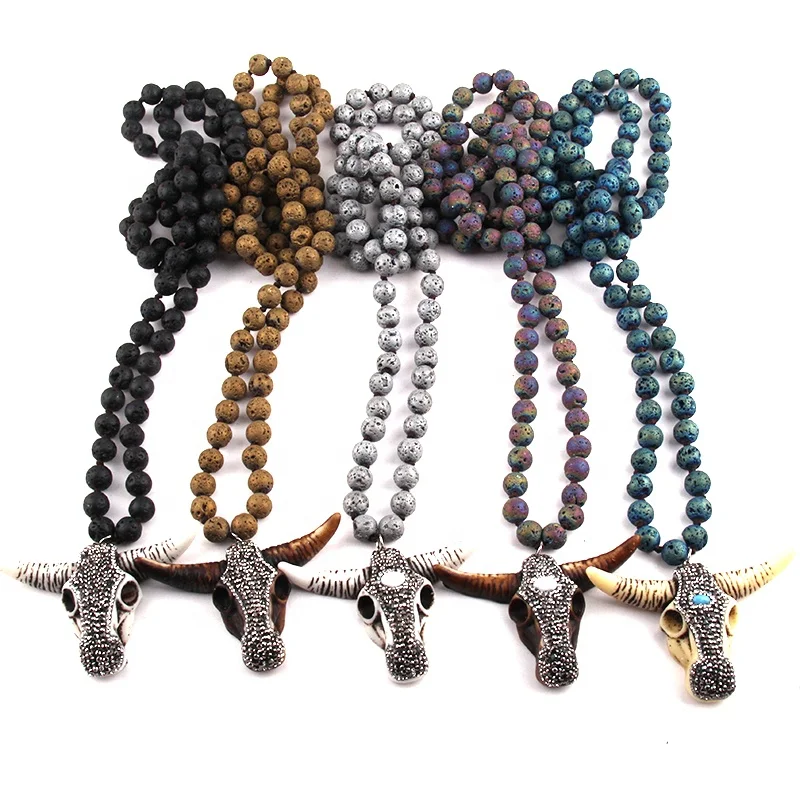 Bohemian Tribal Jewelry Lava Stone Necklace Knotted Handmade Rhinestone Paved Buffalo Skull Bull Horn Head Pendant Necklace