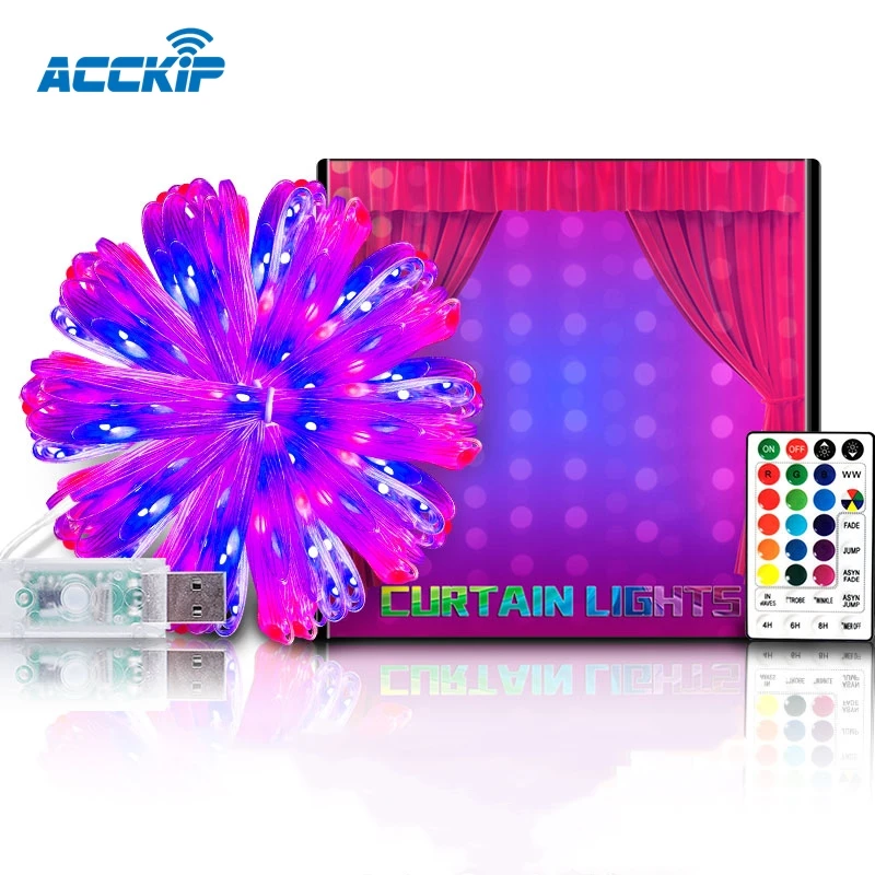  New PVC LED Curtain Fairy Light RGB Colorful Marquee String 32Key Remote Control USB Bedroom
