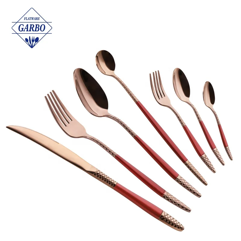 Arabic 13/0 rose gold PVD coat stocked stainless steel cutlery flatware set dinner spoon fork knife with spraying colored handle