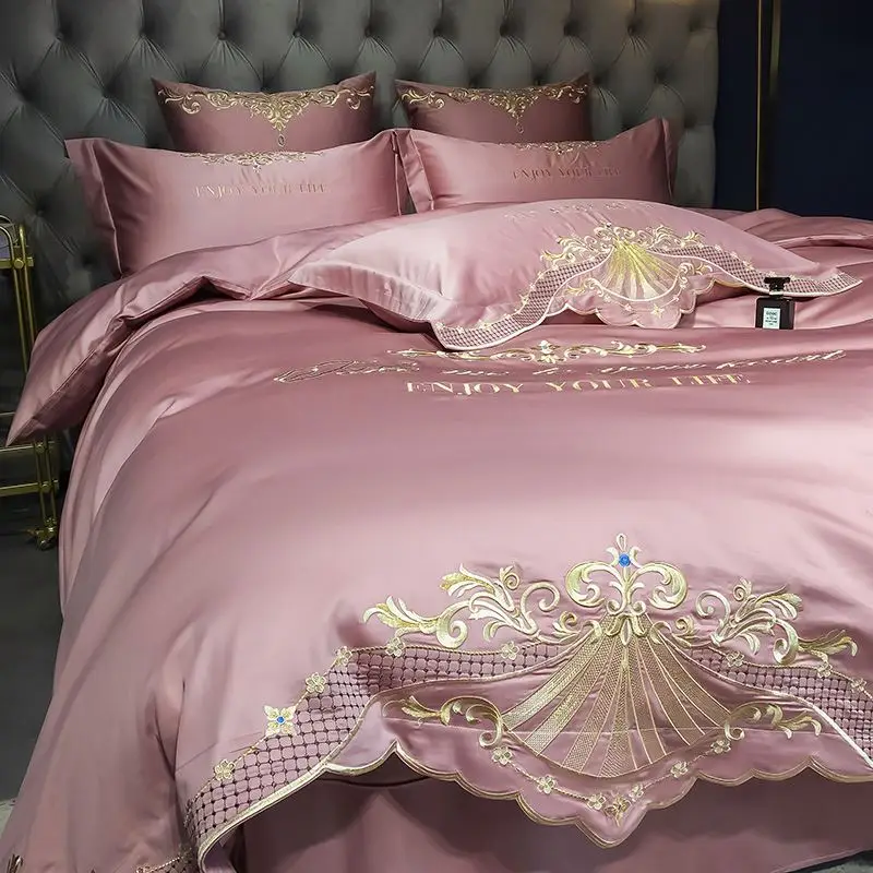 
hot sale silk bedding sets embroidery design tencel bedding set bed sheet and duvet cover set 