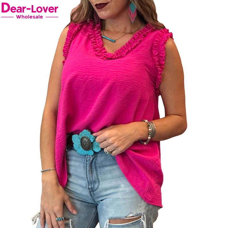 Dear-Lover Wholesale Fast Shipping Rose Frilled Trim Knit V Neck Lady Tank Top Women