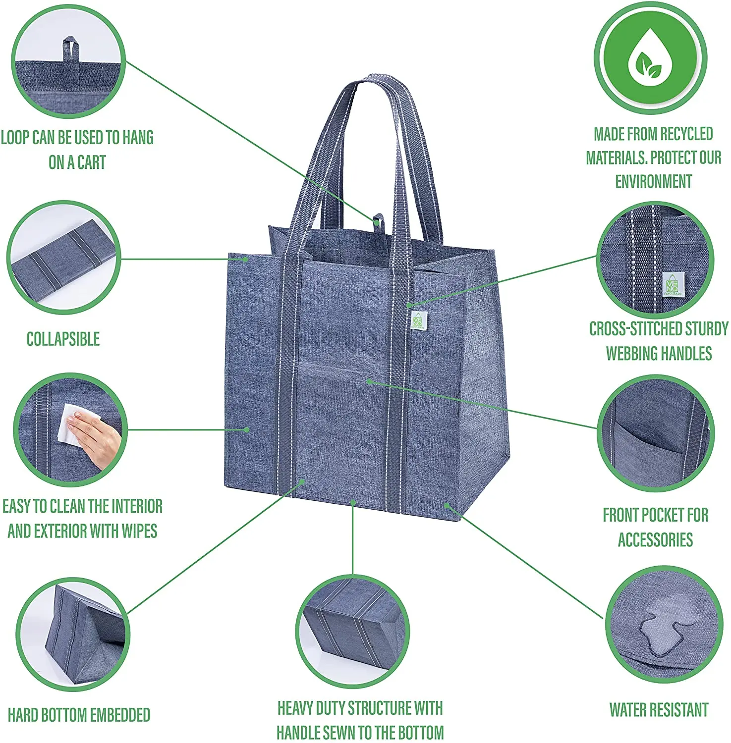 Durable Triple Layer Construction Grocery Tote Bag Shopping Container Picnic Basket with Reinforced Sturdy Long Handle