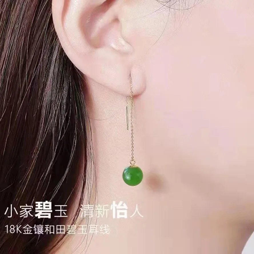 Luxury Fashion Pure Real 18K Gold Jade Earrings Jewelry Women Ladies Female Bridal Engagement Wedding Earrings