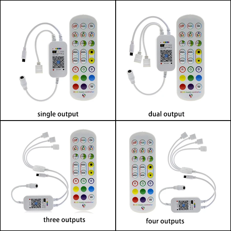 WiFi Smart LED Music Syncs Controller - DC 5V/12V/24V, 6A, 3-Channel RGB PWM Dimmer, 1-4 Port Output, 4-Pin, 24-Key IR Remote