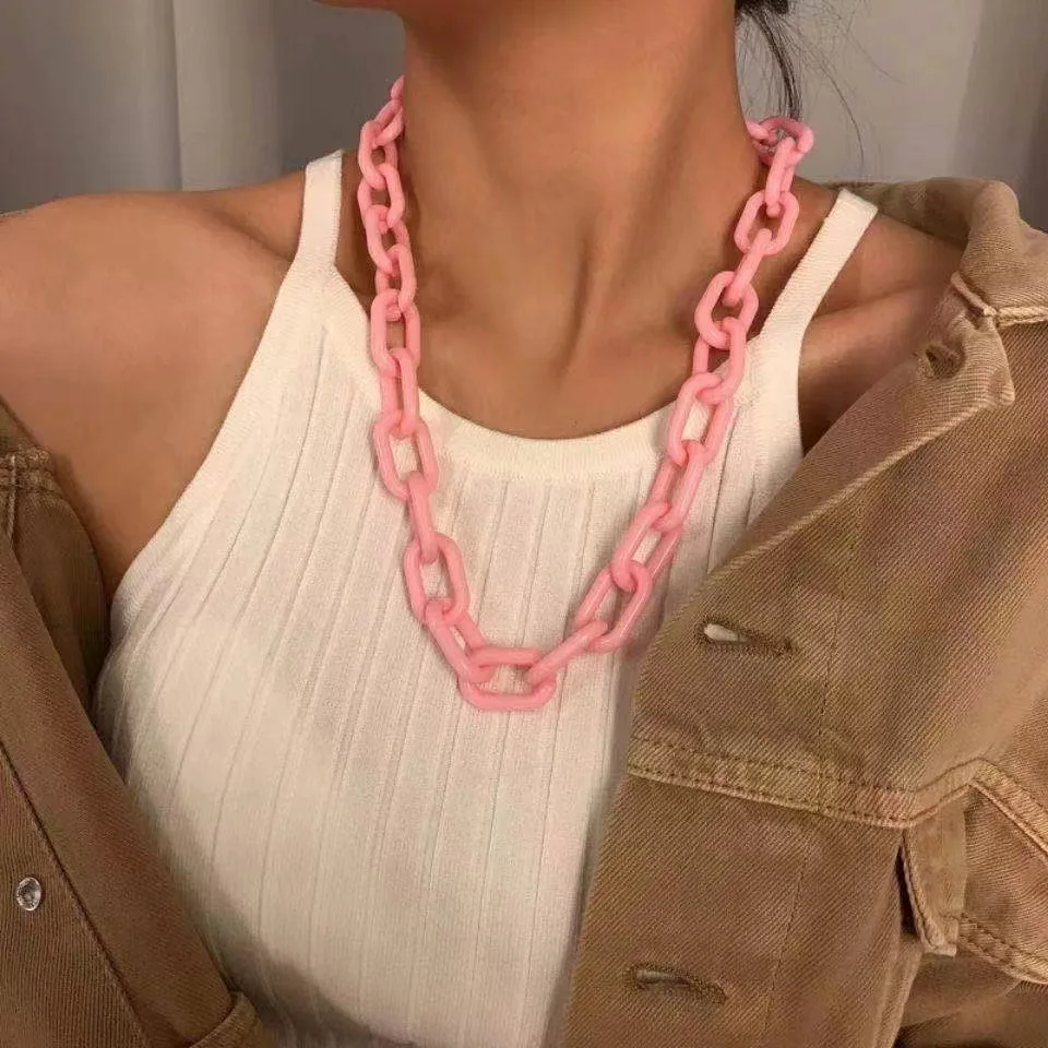 Hip-pop Style Fashion Acrylic Link Chain Necklace Matte Clear Black Pink Orange Yellow White Colors