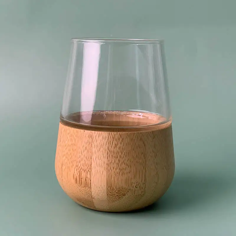 Promotion double wall coffee or tea Glass cup with silver and bamboo bottom