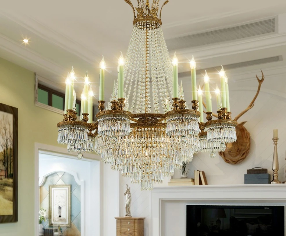 French Retro Luxury European Style All-Copper Chandelier LED Light Source for Villa Hotel Living Room Palace Style Lighting