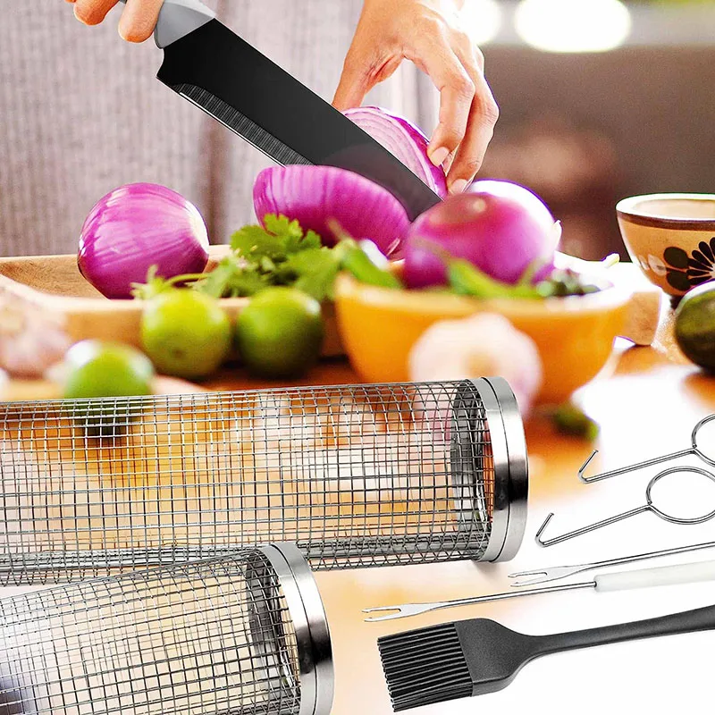 2023 New Stainless Steel 304 BBQ Rolling Grill Basket Wire Mesh Net Tube 12 inch Greatest Grilling Basket Ever