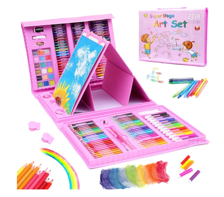 2021 Amazon top seller  208 Piece Non Toxic Plastic Case Kids Painting Drawing Art Set Coloring Book Stationery Set with easel (1600329910108)