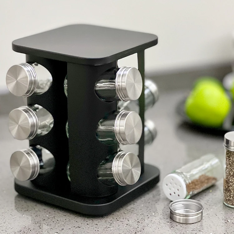 Rotating Spice Rack Organizer with 12 Jars Revolving Standing Seasoning Tower with 12 Glass Bottles Rotating Spice Organizer