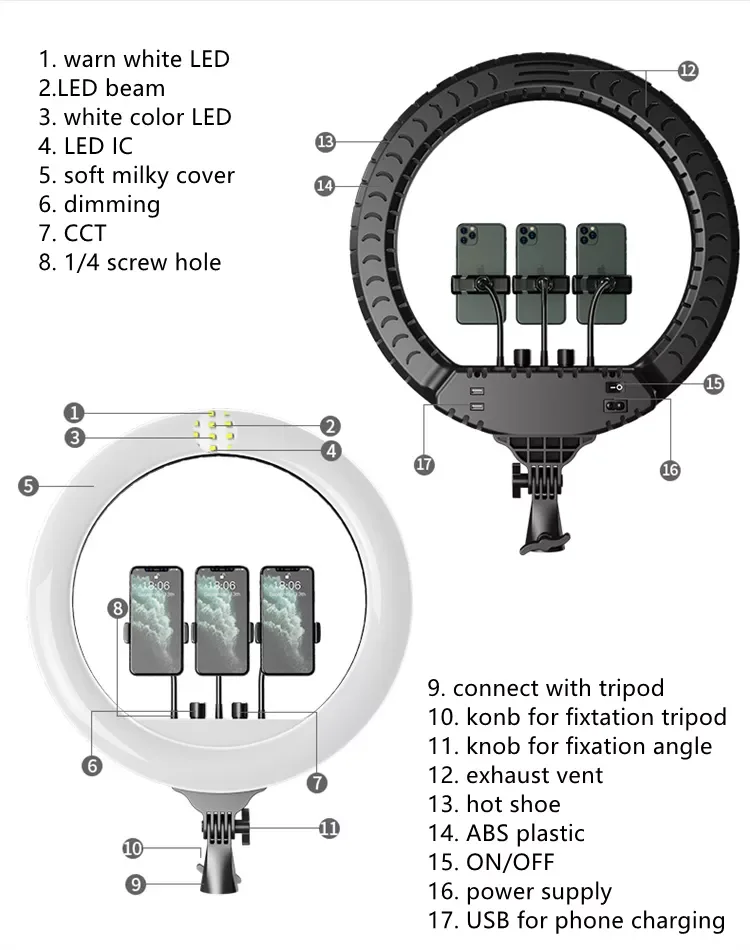 RL 14 Inch 36cm Led Selfie Ring Light 3 Phone Clips With Wireless Remote Videos Live Streaming Fill Light For Tiktok