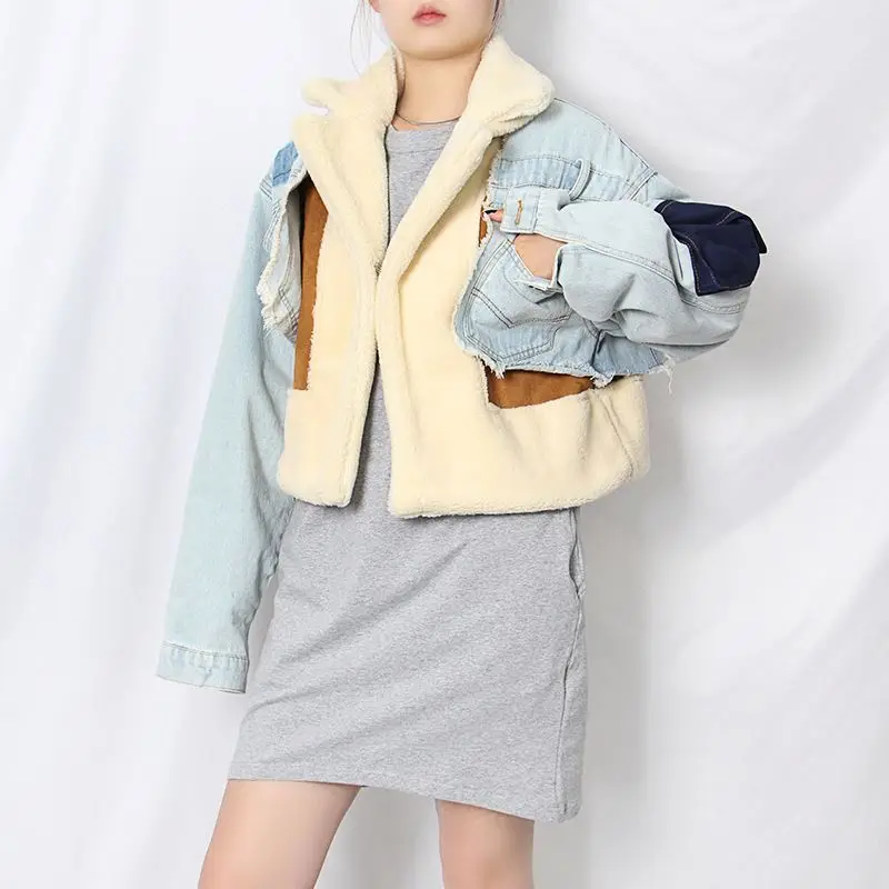 2021  Women Faux Fur Coat Wholesale winter warm Patchwork Lambswool Denim Jacket