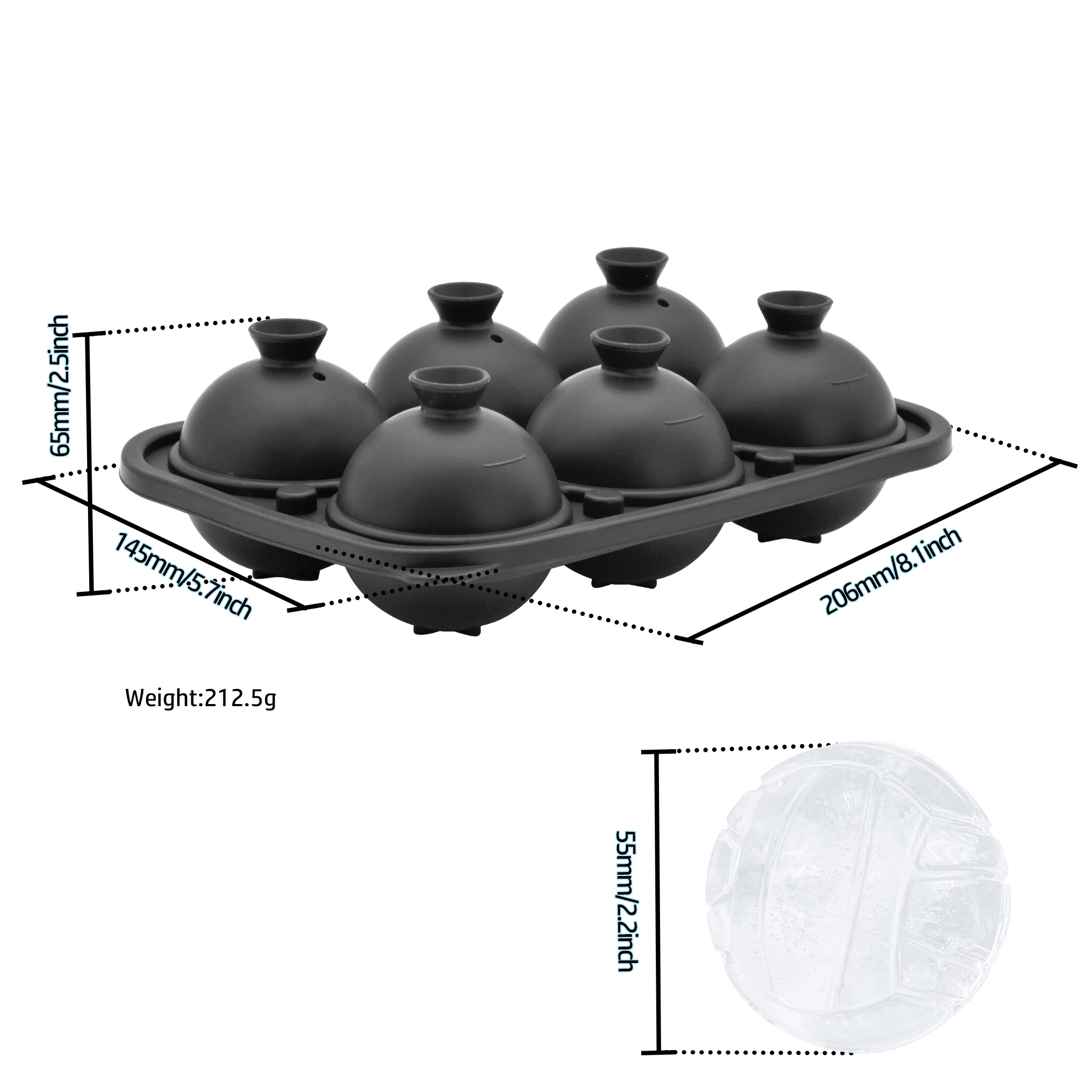 Benhaida Easy to Release Whiskey Large Ice Ball Maker 6 Cavity BPA Free Leakproof Volleyball Ice Tray with Funnel