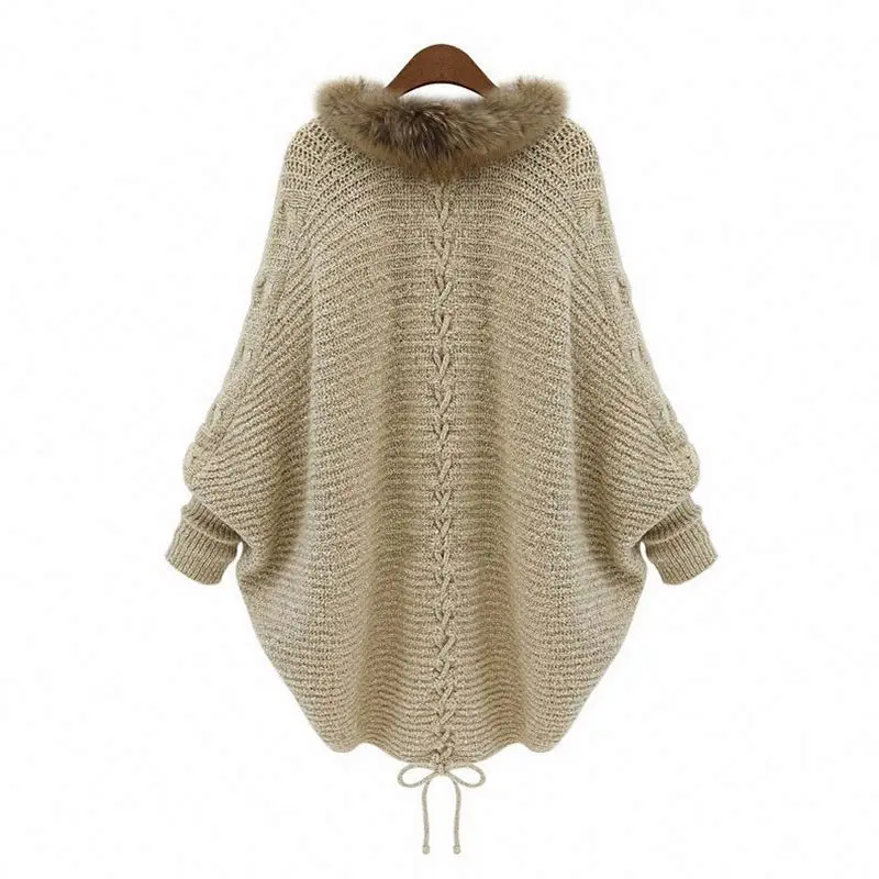 New Fashion Women European Style Fur Collar Bat Sleeve Knitted Cardigan Shawl Coat Winter Sweater