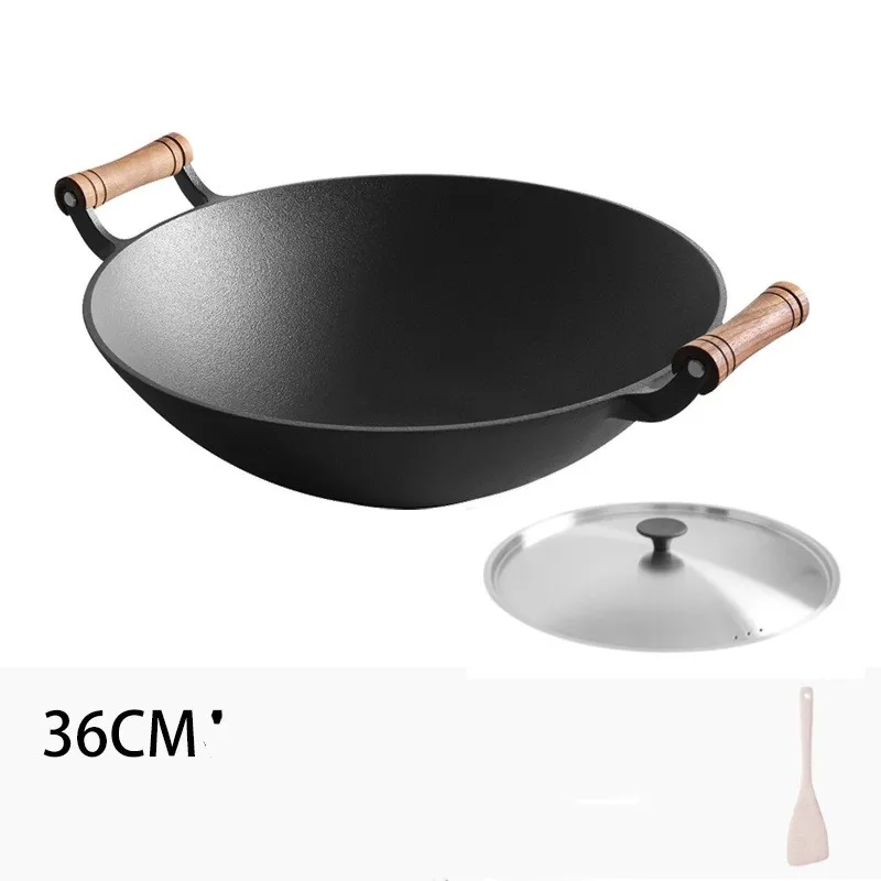 Cast Iron Woks Frying Pan Non-Stick Deep Skillet Double Ears Cooking Pot with Wooden Lid and Wooden Handle