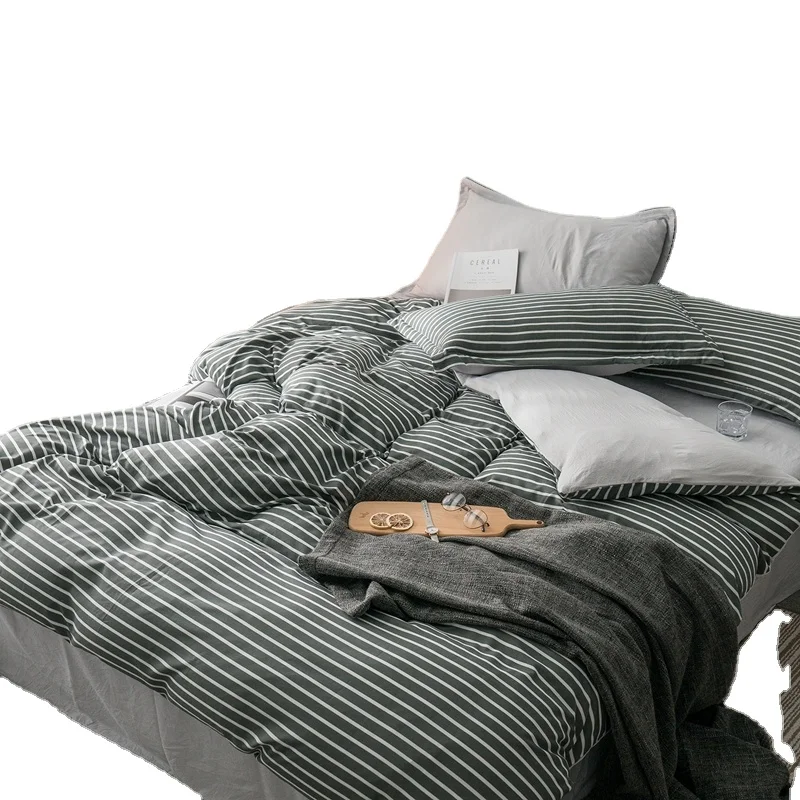 High quality  washed polyester bedding set bed linen with classic stripe printing for sale