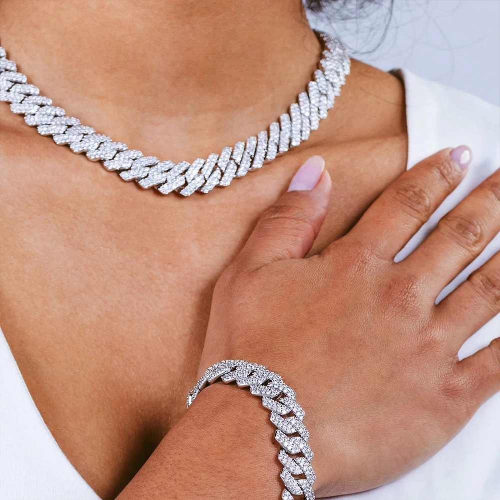 Hip Hop 14MM White Gold Cuban Necklace Setting 5A Zircon Diamond Silver Prong Cuban Link Chain Bracelet Jewelry Set For Women