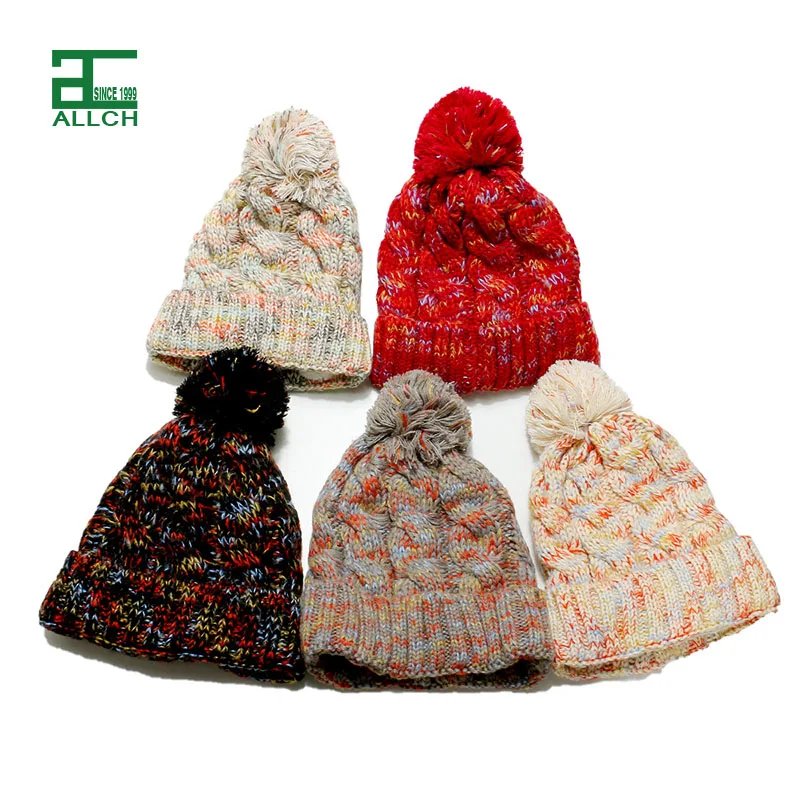 ALLCH Wholesale Winter Womens Pom Pom Beanie Soft Oversized Ponytail Knitted Cap with Solid Ribbed Design Customized
