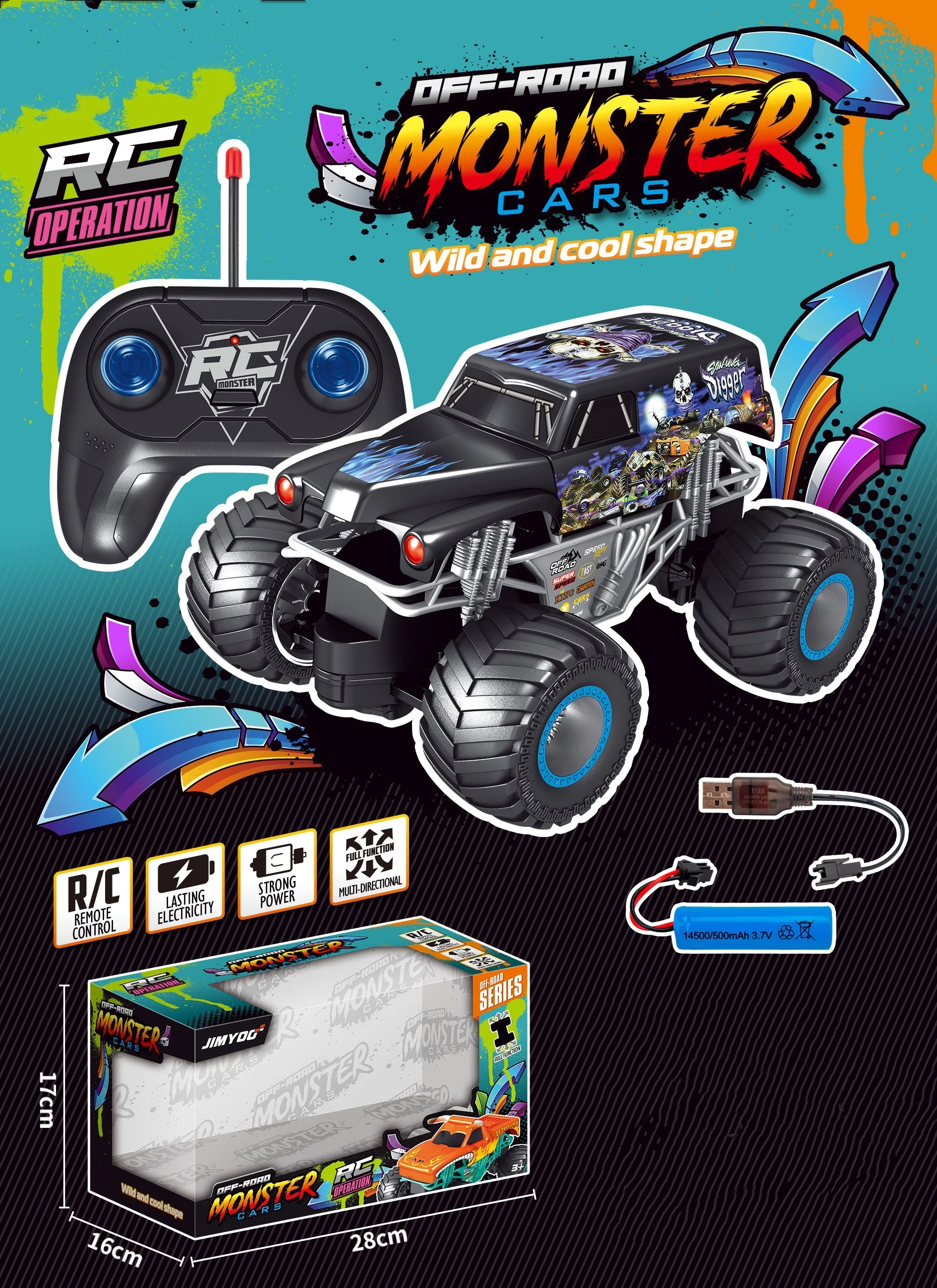 Shantou 1:20 Shark Design Remote Control Toy Car Kids USB Cable Included Off-Road Metal Monster Trucks Climbing Big Wheel