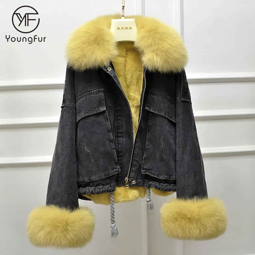 Winter women warm parka real rex rabbit fur lining jean coat with fox fur sleeve cuff black denim jacket