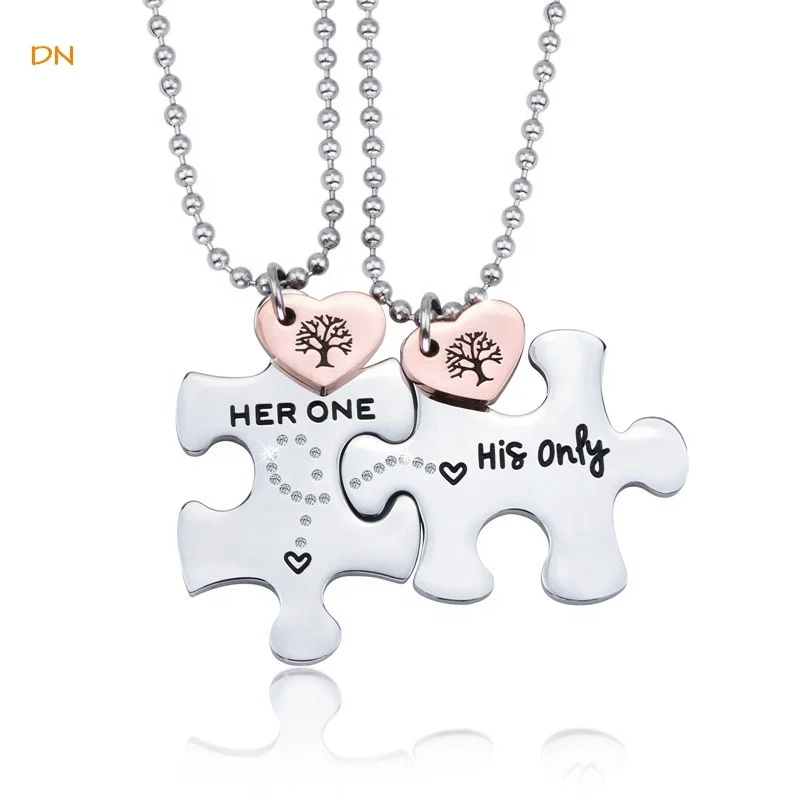 Dina Hot Selling Lovers Couple Gift Engraved Letters Stainless Steel Puzzle Necklace & Key Chain Set Jewelry