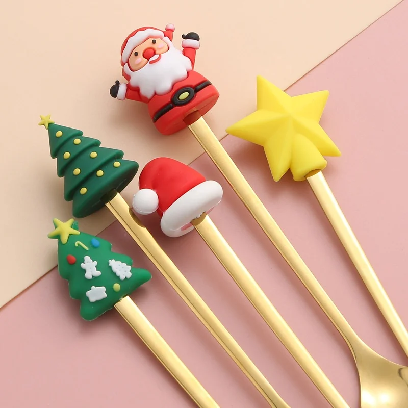 Hot Seller  Stainless Steel Spoon Christmas Tree Coffee Stirring Spoon Dessert Fruit Fork Doll Spoon Fork Tableware Gift Set