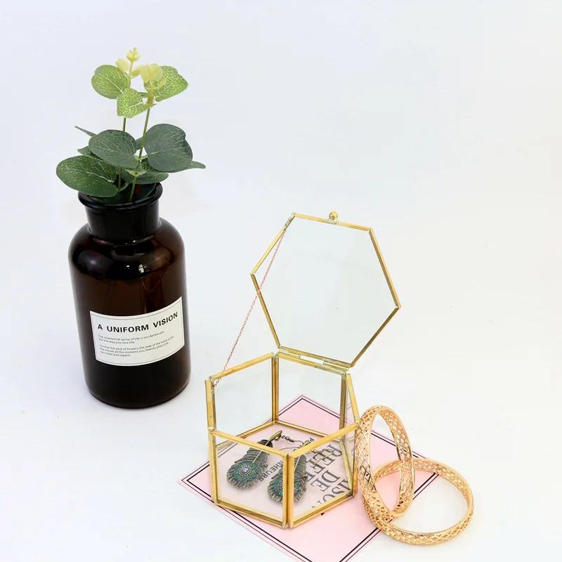 New Design Decorative Cylindrical Geometric Jewelry Glass Storage Box, Gold Glass Box