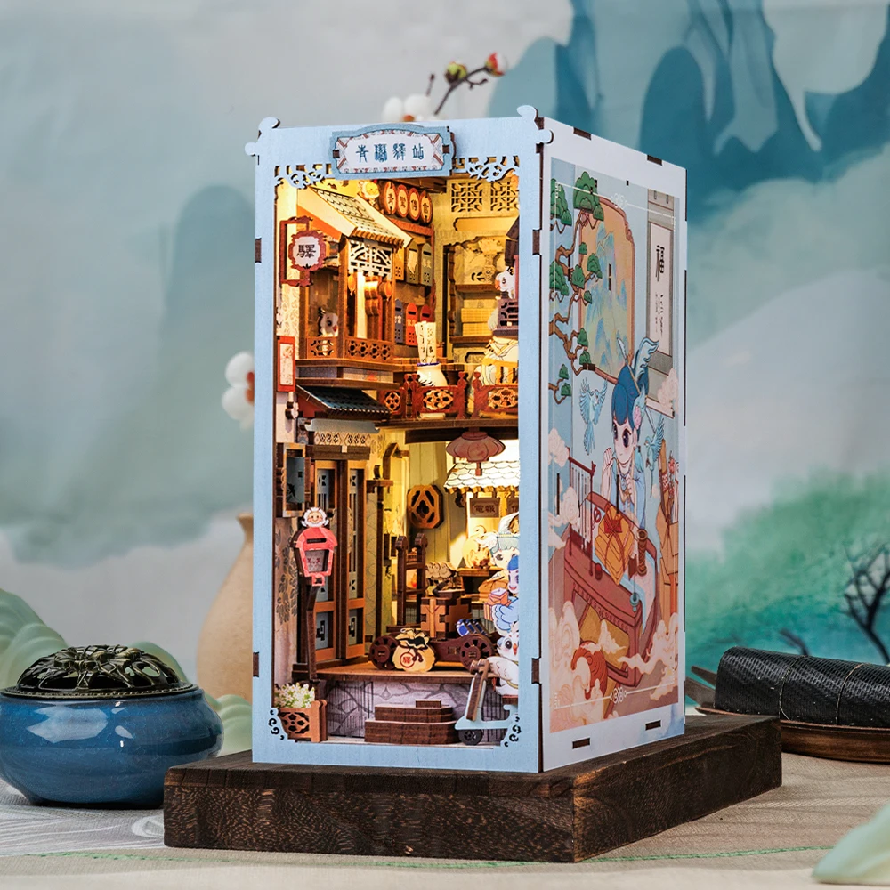 CuteBee New Year Style DIY Miniature House Book Nook with Dust Cover For Chinese Story Bookend Use as Chinese Gifts