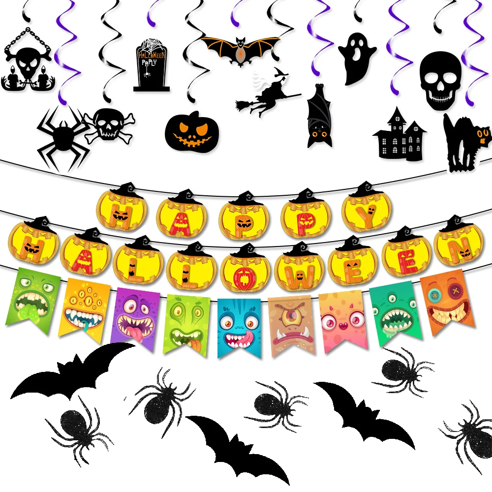2022 Halloween Banner Party Decoration Cute Halloween Garland Banner with Foil Swirl Ceiling Hanging Cards Bat Spider sticker