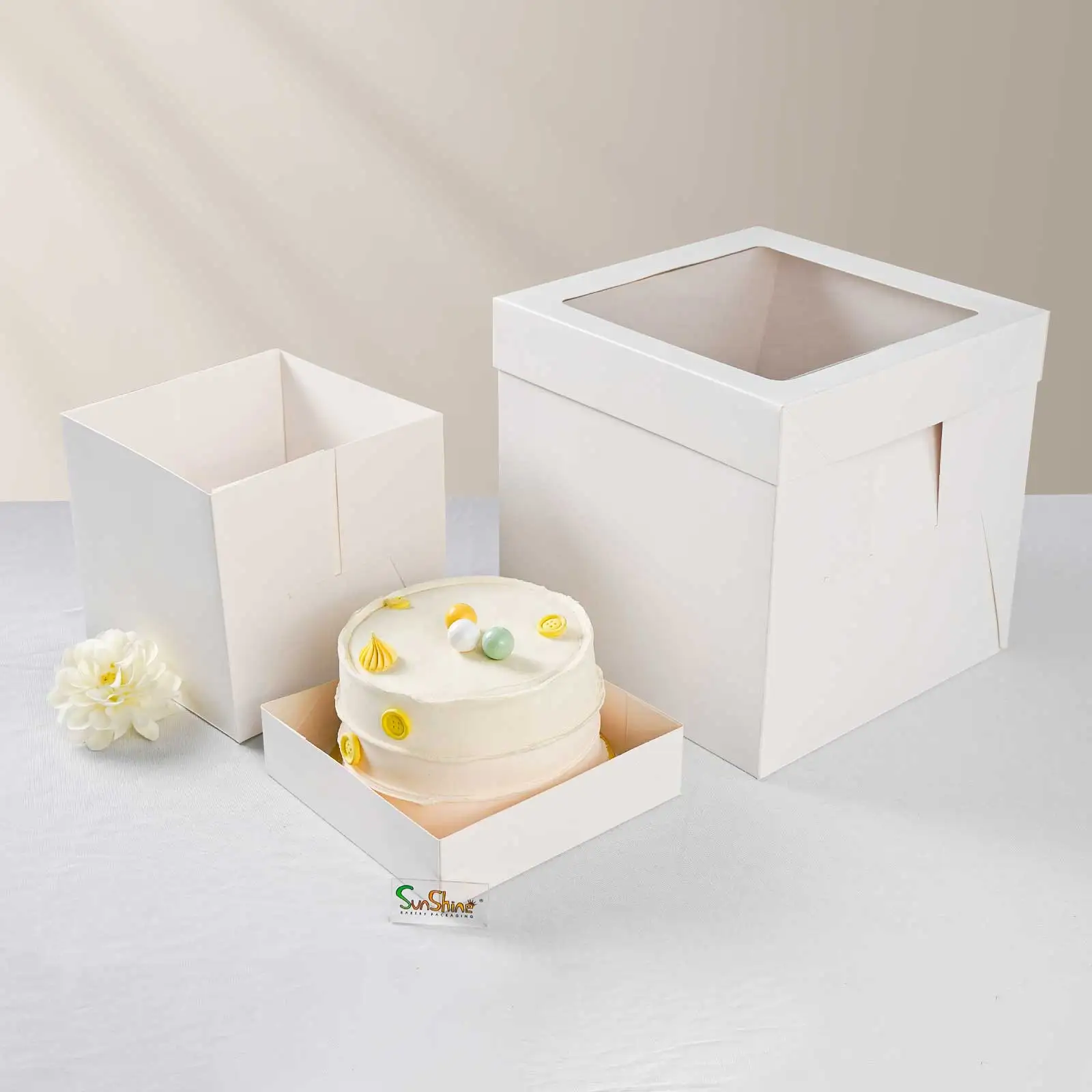 SunShine Quality White Cake Pastry Paper Boxes With Window Bakery Cardboard Birthday Cake Box