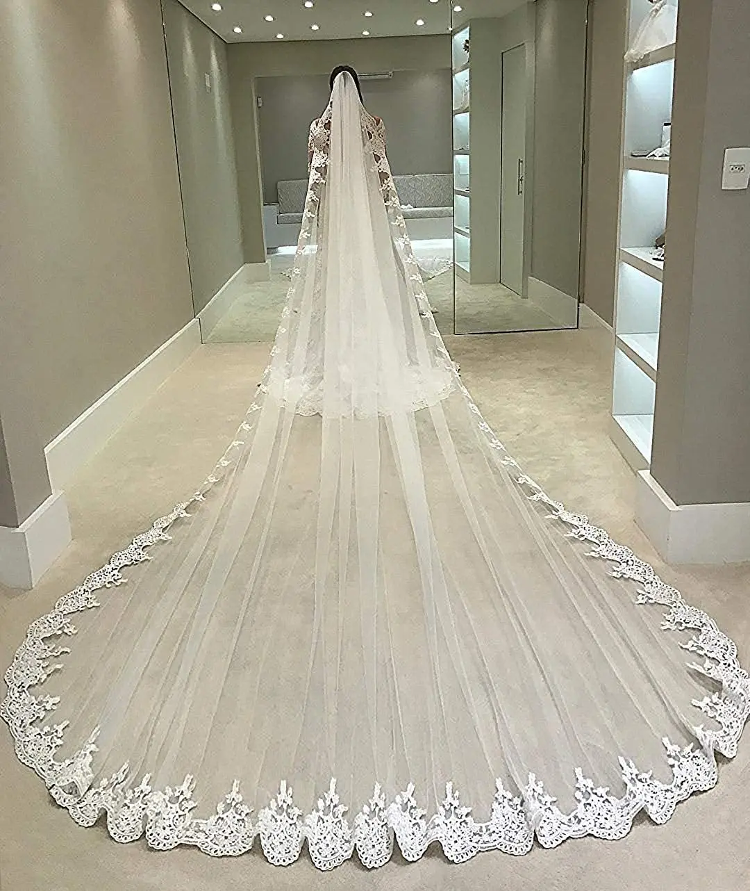 S8858F  New Embroidered White Water-Soluble Lace Wedding Drag Tail Veil Two-Layer Lace with Gauze Perfect Campaign Veil
