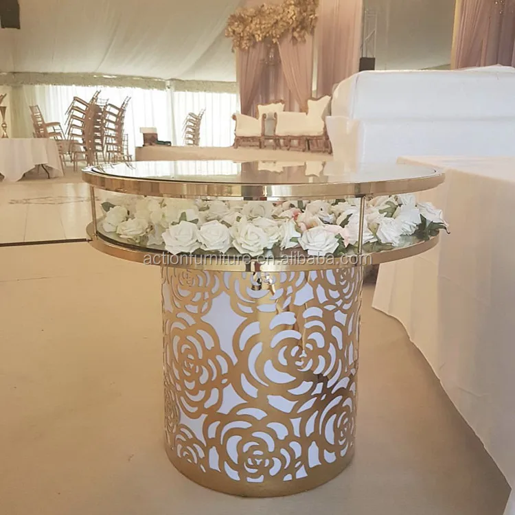 Round Crystal Glass Carved Golden Wedding Table Cake Table Flower Stand For Hotel Wedding Party