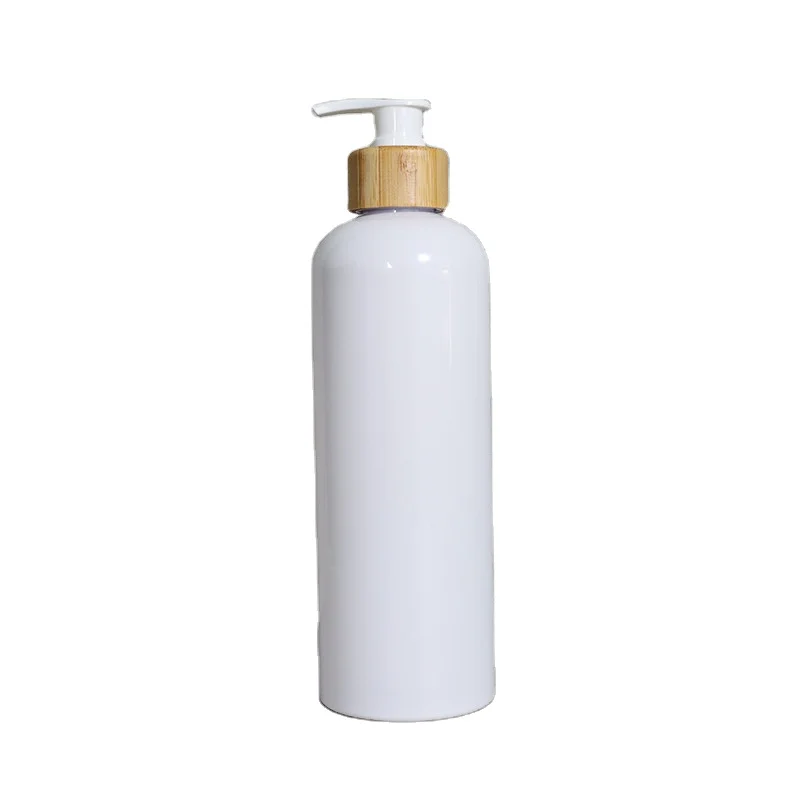 Cosmetic personal care packaging 300ml 500ml plastic amber and white frosted matte glossy pet shampoo bottle with bamboo top