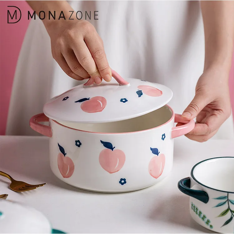  MONAZONE Ceramic Soup Bowl with Lid Grips Under Glazed Peach Leaf Floral Pattern for Gratin Salad Oven Bakeware