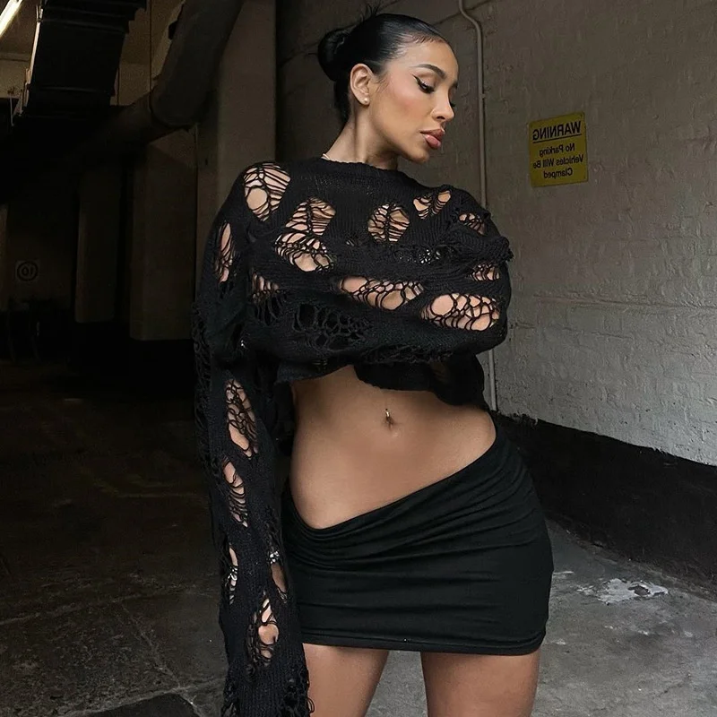 New Arrivals 2023 Long Sleeve Knit Sweater Top Women Hollow Out Knitted Crop Top Ladies Knitting Boutique Clothing