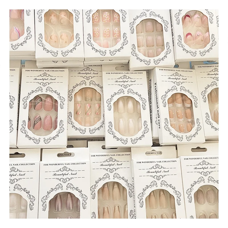 2024 Fashion Fast Delivery Wholesale Luxury Bling Stones Medium Coffin Heart Pearl French Tip Nails Acrylic Press On Nails