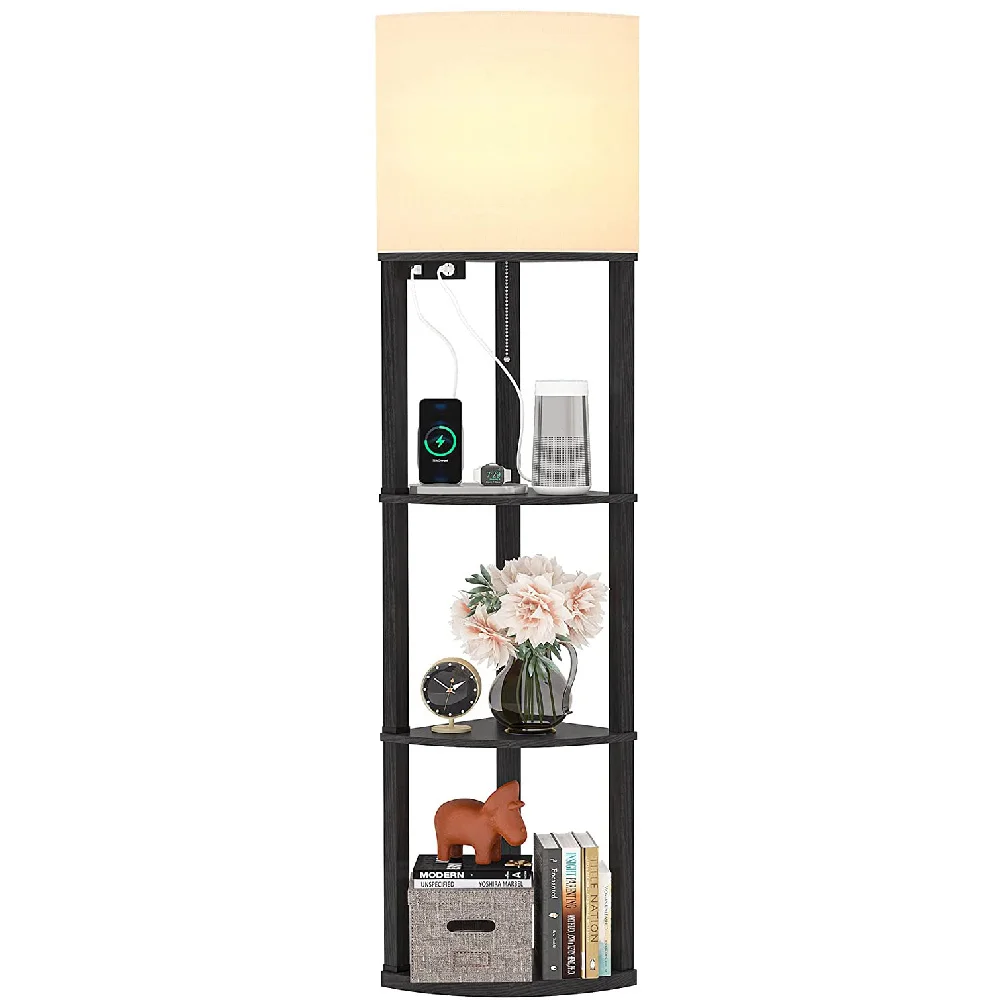 4 слоя высокий угловая деревянная полка торшер с 3 way с регулируемой яркостью LED деревянная Напольная Лампа с 2 USB портами и работающие от Сетевой Розетки