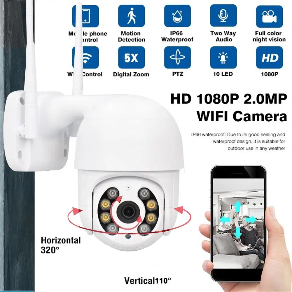  1080P HD мини Wi-Fi камера IP66 Водонепроницаемая беспроводная купольная с цифровым зумом камеры видеонаблюдения