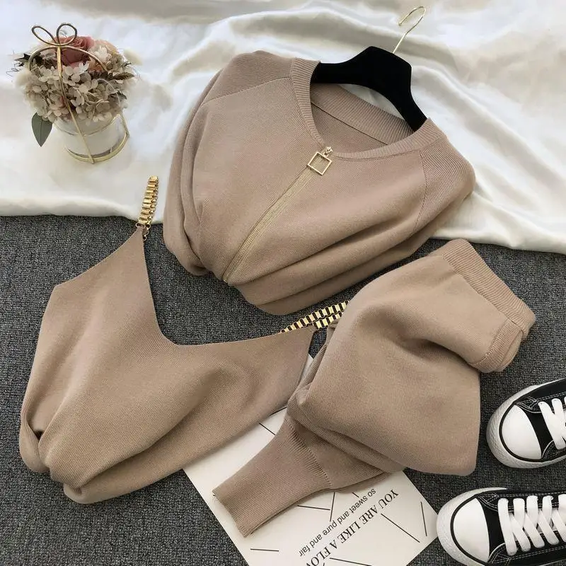 Spring and Autumn New Korean Style Chain Vest Knitted Jacket Small Leg Elastic Pants Knitted Three-piece Set for Women