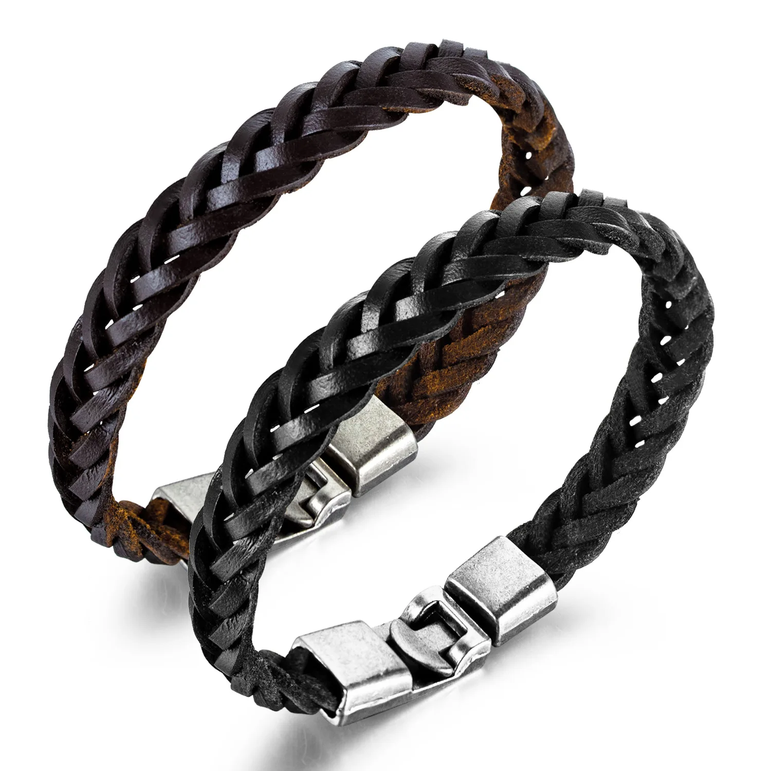 Personalized Cowhide Leather Braided Stainless Steel Accessories Bracelet For Men