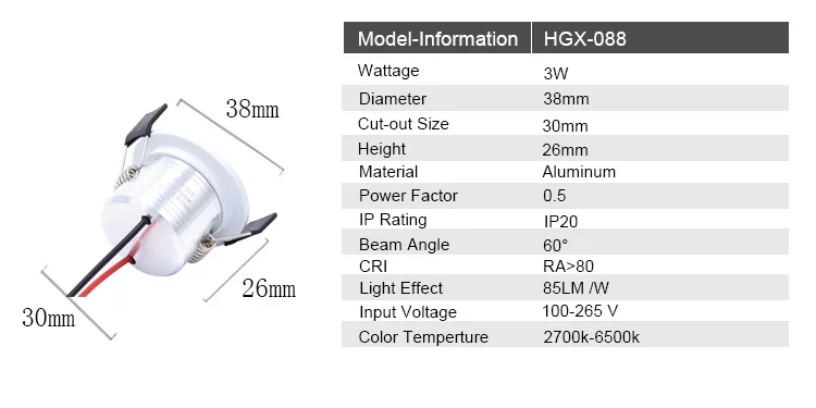 High quality Dimension 38mm cut out size 30mm 3w mini spot led,mini spotlights led for cabinet