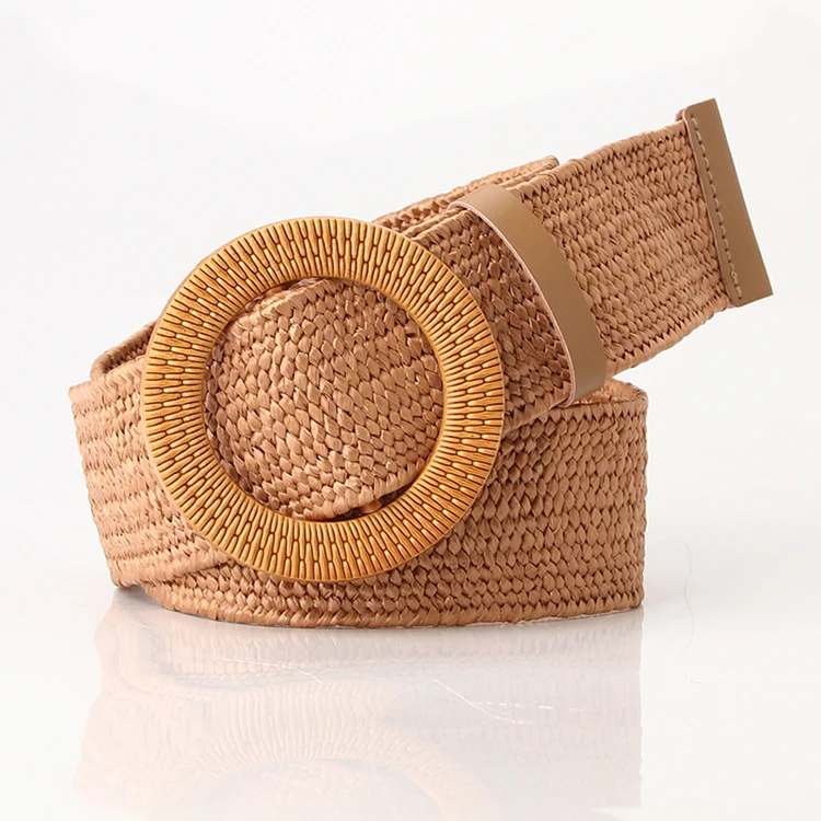 Wholesale round buckle waistband stretch straw woven braided women belt