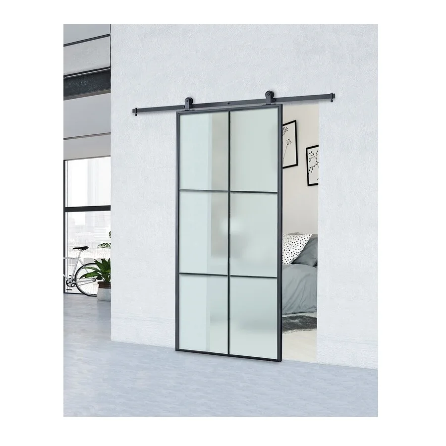 8ft Heavy Duty Barn Door Hardware Internal Double Sliding Doors Entry Doors Matt Black Frame + Clear Glass or Wooden Panel Steel