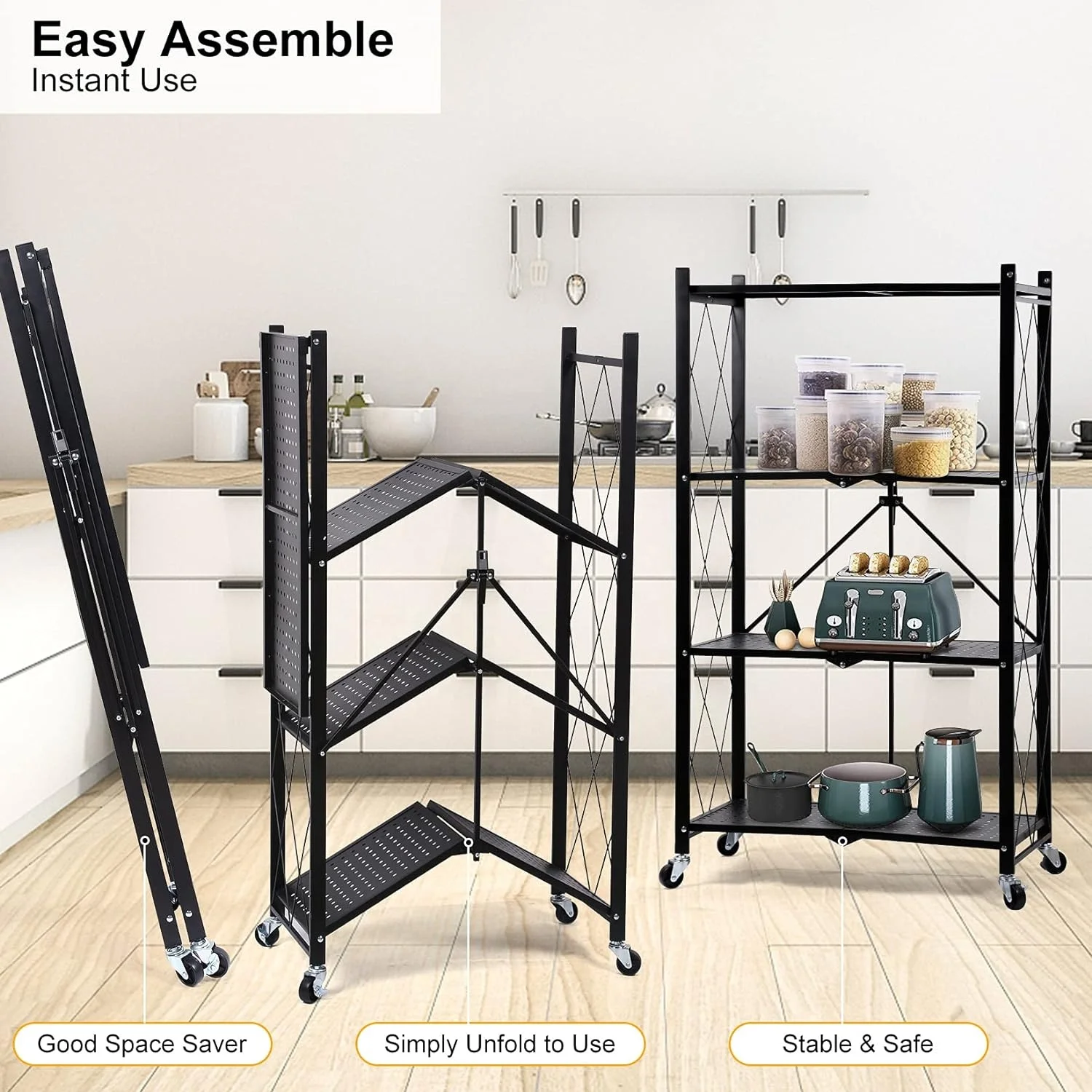 Multi-Layer Heavy Duty Shelf Adjustable Folding Home Rack Shelf Iron Folding Rack With 4 Rolling Casters For Living Room